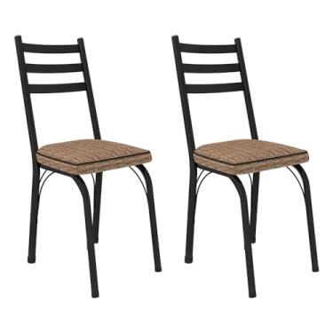 Imagem de Kit 2 Cadeiras de Cozinha Luisiana Estampado Rattan Bege Pés de Ferro Preto - Pallazio