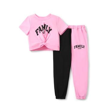 Imagem de PATPAT Conjunto de 2 peças para meninas, camiseta de manga curta, frente torcida e calça de moletom elástica, conjunto de roupas de verão 5-12 anos, Rosa (Cool Pink), 7-8 Anos