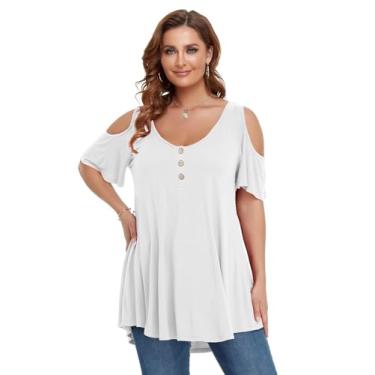 Imagem de LARACE Camisetas femininas de ombro vazado, gola V, manga curta, roupas de verão, túnica de botão, Branco, G