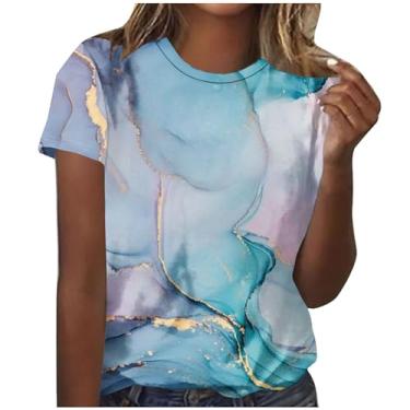 Imagem de Blusa feminina manga curta mármore colorido gráfico solto blusa longa para mulheres gola canoa verão outono camisas 2024, L-324 multicolorido, M