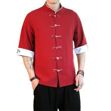 Imagem de Camiseta masculina vintage com bordado Summer Crane estilo tradicional chinês meia manga linho camisa Kungfu, Vermelho, P