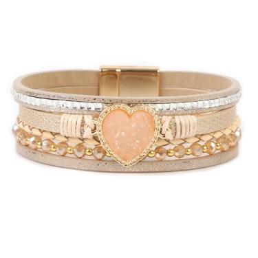 Imagem de AZORA Pulseira feminina de couro barroco com pérolas pulseiras de envoltório de pérolas lindas pulseiras de ouro feitas à mão joias presente boêmia para mulheres adolescentes meninas mãe, Metal couro metal, Quartzo escuro