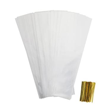 Imagem de AIRSUNNY Pacote com 100, 2 x 10 sacos de guloseimas transparentes para celofane - Sacos de plástico OPP com laços torcidos perfeitos para velas de lembrancinha de aniversário, picolé de doces gelados