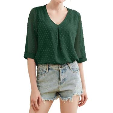 Imagem de YSYOKOW Camisetas femininas casuais de verão, manga 3/4, chiffon, soltas, soltas, túnica de malha de camada dupla, Verde escuro, G
