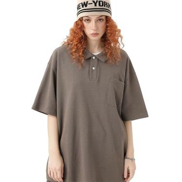 Imagem de Camisa polo unissex moderna com bolso, ombro caído, caimento solto, camiseta hip-hop urbana., Marrom, XXG