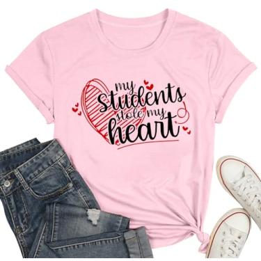 Imagem de WEITUN Camiseta feminina para professor do Dia dos Namorados First Grade Has My Heart Camiseta Teacher Life manga curta, Rosa 2, GG