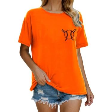 Imagem de Camiseta feminina de beisebol com estampa de manga curta, gola redonda, caimento solto, roupas de beisebol de verão, Laranja, P