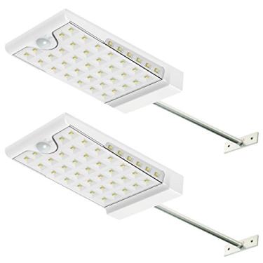 Imagem de CREATIVE DESIGN 46 luzes solares LED para ambientes externos com poste de montagem, 4 modos de calha solar, sensor de movimento, luz de parede para pátio, celeiro, varanda, garagem, escadas, pacote