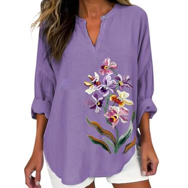 Imagem de Alzheimers Awareness Shirts Women Linen Summer Oversized Henley V Neck Tops 2024 Causal Camiseta Roxa Flor Gráfica Blusas, Roxo claro, G