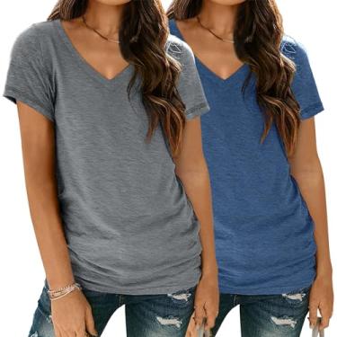 Imagem de SUNBS Pacote com 2 camisetas femininas básicas de manga curta com gola V, caimento solto, leve, casual, roupas de verão 2024, Pacote com 2: cinza-claro azul escuro, XXG