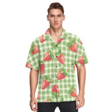 Imagem de Camisa masculina havaiana verão praia camisa estampada camisa casual solta manga curta, Lindo xadrez verde de morango - 3, 3G
