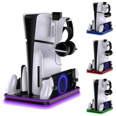 Imagem de Suporte e estação de resfriamento para PS5 / PS5 Slim com estação de carregamento de controlador LED RGB, suporte de carregamento PS Portal com ventilador de resfriamento de 3 estágios. (Preto RGB)