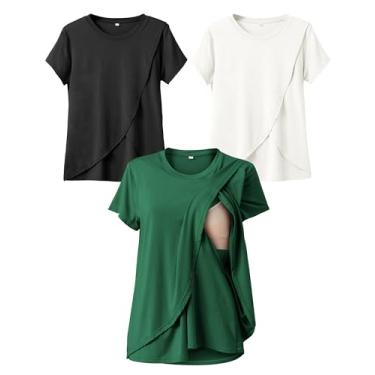 Imagem de Rnxrbb Camisetas de amamentação de manga curta para amamentação conjuntos de roupas pós-parto de verão pacote com 3 camadas duplas, Preto, branco e verde escuro, XXG