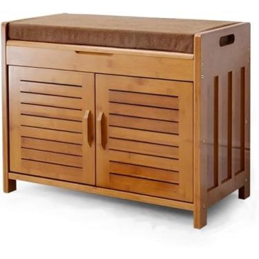 Imagem de Armário para sapatos de bambu, banco de armazenamento de sapatos de 2 camadas com almofada de assento e compartimento oculto LIFFMallJC, pequeno, grande