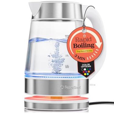 Imagem de Chaleira elétrica de água de fervura rápida, 1,7 L 1500W, vidro borossilicato para café e chá, caldeira de água, desligamento automático, alça de toque frio, base destacável, LED. Rotação de 360°,