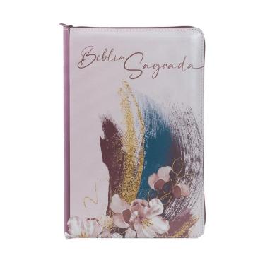 Imagem de Bíblia NVI com zíper: capa em couro soft rosa com acabamento em glitter, letras de Jesus em vermelho, Leitura Perfeita: Nova Versão Internacional