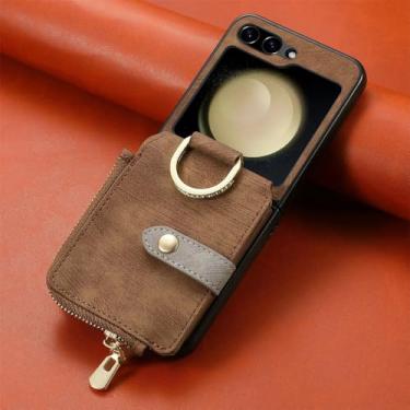 Imagem de Cartões com zíper bolsa anel titular capa carteira de couro vintage para Samsung Galaxy Z Flip 5 4 5G Flip4 Flip5 Bolsa Capa de suporte, marrom, para Samsung Z Flip 5