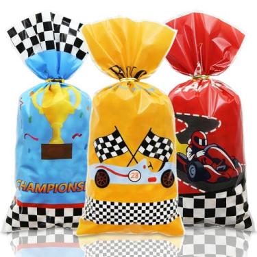 Imagem de Sacos de brinde de carro de corrida, 50 peças, copo dos campeões de corrida de carros com estampa de bandeira quadriculada de plástico celofane sacos de presente com laços torcidos, 3 designs para