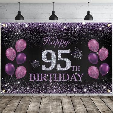 Imagem de JOYKY Banner de feliz aniversário de 95 anos, roxo, decorações de festa de 95 anos para mulheres, decoração de pano de fundo, 15 x 9 pés