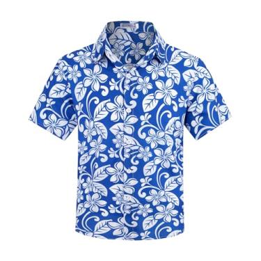 Imagem de KazzSail Camisa havaiana de botão para meninos manga curta, camisetas havaianas de verão para meninos de 7 a 14 anos, Flores azuis, 13-14 Anos