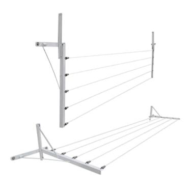 Imagem de Varal de parede/muro dobrável, fabricado em 100% alumínio com mão francesa em aço, 5 cordas para estender roupas. Cor Branco, resistente e prático, ideal para otimizar espaço em áreas externas.