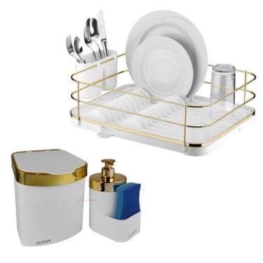 Imagem de Kit Escorredor De Louça Talheres Lixeira 2,5L Dispenser Porta Detergen