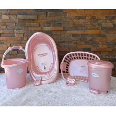 Imagem de Kit Bebê Banho Banheira Saboneteira Lixeira Cesto Roupa Balde Ofuro 6 