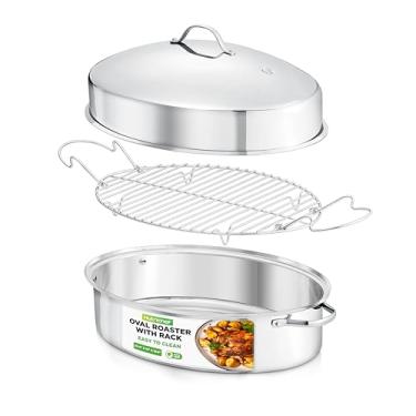 Imagem de Assadeira oval, assadeira com suporte polido, alça larga e tampa de aço inoxidável, assadeira de frango peru ótima para jantares de Ação de Graças, torra macia, pratos profundos e muito mais