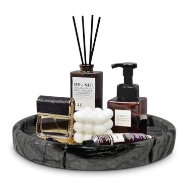 Imagem de XINFUHUA Bandeja de travertino, pequena bandeja de cerâmica para decoração de balcão de banheiro, bandejas decorativas de mármore redondas para mesa de centro (cinza, preto, tamanho médio)