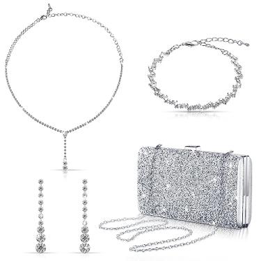 Imagem de Tiamon Conjunto de joias de strass para mulheres, 4 peças, conjunto de joias de casamento, brincos de strass, pulseira, bolsa de noite, bolsa de mão para mulheres, festa noturna, prata, Modern Style, Plástico, Sem Pedra Preciosa