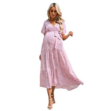 Imagem de FUNJULY Vestido feminino para gestantes, gola V, manga bufante, plissado, para chá de bebê ou uso casual, Rosa floral, GG