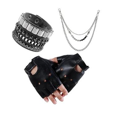 Imagem de JAZTAKU Pulseira de couro punk motociclista anos 80 acessórios de fantasia para mulheres 90 Punk Rock Emo Goth Jewelry, Medium, Couro sintético, Sem Pedra Preciosa