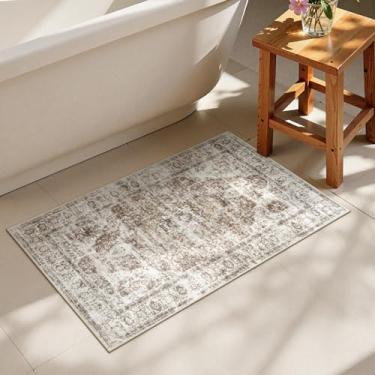 Imagem de Uphome Tapetes de banheiro Boho, tapete de banheiro cáqui envelhecido, tapetes de banho pequenos de veludo confortável, lavável, tapete de banheiro oriental vintage para pia e chuveiro, 51 x 81 cm