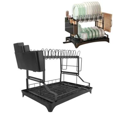 Imagem de Rack de Secagem de Pratos, Organizador de Escorredor de Pratos de 2 Camadas Com Suporte para Utensílios e Escorredor, Suporte de Armazenamento de Pratos para Balcão de Cozinha
