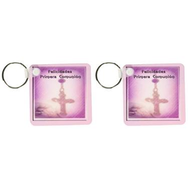 Imagem de 3dRose Primeira comunhão espanhola, Felicidades Primera Comunión. Rosário, rosa - chaveiros, 5,7 x 11,4 cm, conjunto de 2 (kc_43410_1)