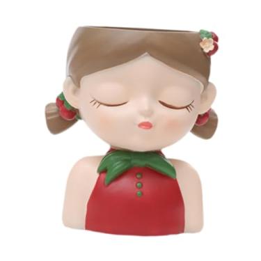 Imagem de IEUDNS Cartoon Girl Planter Vaso de mesa Vaso de plantas decorativo Pequeno vaso de flores de resina para prateleira Quarto Entrada Interior/Exterior, Vermelho Acastanhado
