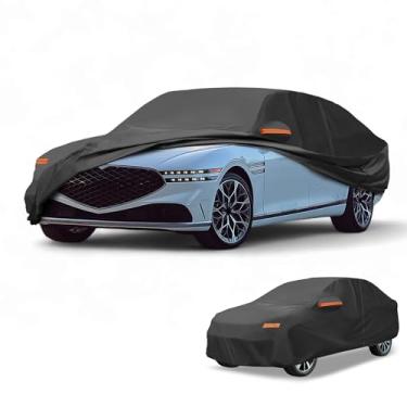 Imagem de Partuto Capa de carro à prova d'água para todos os climas, automotiva, externa, anti-UV, proteção contra chuva e sol, cobertura externa completa para Genesis G90 Sedan 190T-PU preta com tiras