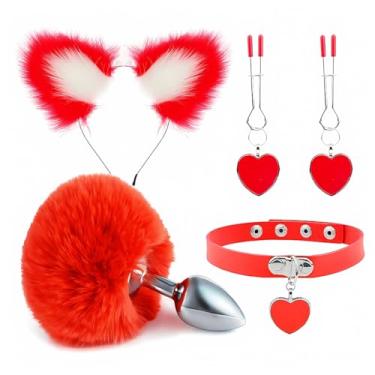 Imagem de Kit Sensual com Plug Anal Pompom, Gargantilha, Tiara Gatinho e Grampo para Seios Vermelho