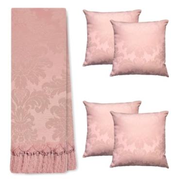 Imagem de Jogo Manta Xale para Sofá Artesanal com Franjas Grande 3 Metros e 4 Capas de almofadas (147 ROSÊ)