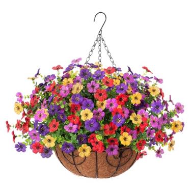 Imagem de Ammyoo Cesta de flores artificiais para decoração de primavera ao ar livre, planta floral para pendurar no verão, margarida de seda com folhas de eucalipto para casa, pátio, jardim
