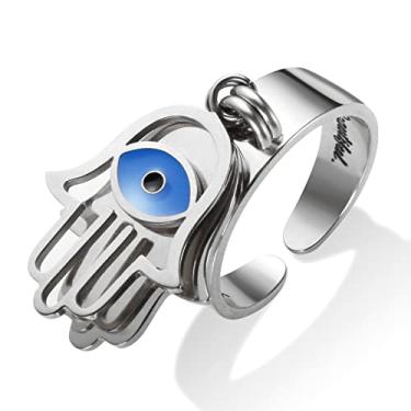 Imagem de JINHUI Anéis de coração com pingentes para mulheres, anel de amor eterno banhado a ouro 18k, anéis de amizade de coração de aço inoxidável, anel de mão de Fátima com olho turco, presente delicado para