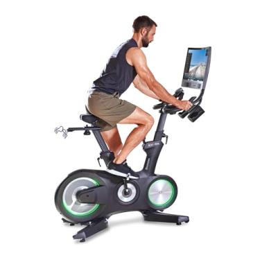 Imagem de Echelon Bicicleta ergométrica inteligente Connect EX-8s com tela sensível ao toque HD de 61 cm, volante de LED, Bluetooth, 32 níveis de resistência, pedais SPD, porta USB, suportes para halteres e
