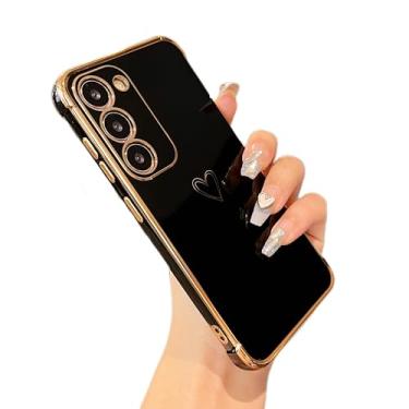Imagem de ZTOFERA Capa para Samsung Galaxy S23 5G, linda estampa de corações de amor com borda banhada de luxo com proteção de lente de câmera, capa de telefone para Galaxy S23 5G 6,1 polegadas, preta