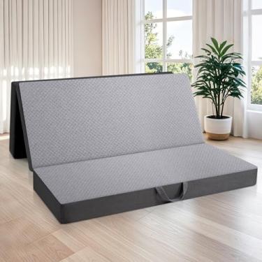 Imagem de Colchão portátil de espuma viscoelástica com dobra tripla – colchão dobrável tamanho queen de 15 cm com capa lavável, alça e base antiderrapante para viagens, acampamento, trailer, quartos de hóspedes