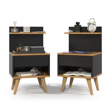 Imagem de Kit 2 Mesa de Cabeceira Quarto Mesinha Apoio Lateral Cama Box Casal Estilo Nicho Decoração Retrô Sleep 1 Gaveta Preto/Nature
