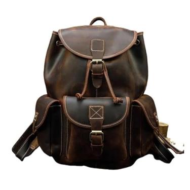 Imagem de Mochila de couro genuíno retro masculina mochila elegante bolsa de viagem masculina 18 polegadas(Brown)