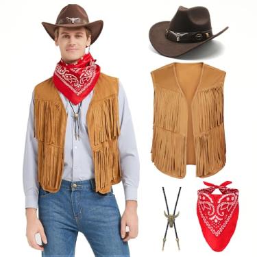 Imagem de JoeRita Fantasia masculina de caubói ocidental, colete com bordas, bandana, colar, acessórios de roupa de cowboy para cosplay de Halloween (Caqui, G)