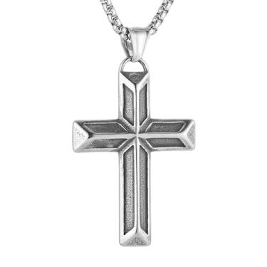 Imagem de HZMAN Colar com cruz para homens e mulheres, aço inoxidável altamente polido, retrô, pingente de cruz cristã, joia de presente, Aço inoxidável, Sem Pedra Preciosa