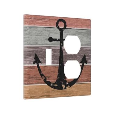 Imagem de Yamxbfa Capas decorativas para tomadas rústicas coloridas de madeira marrom âncora para placa de parede de 2 gangues, interruptor único, combo duplex, dois interruptores de luz, placa de cobertura