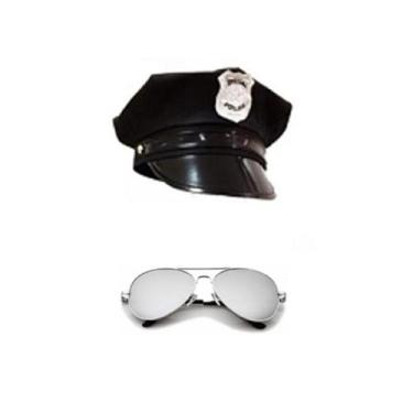 Imagem de Fantasia de Policial Quepe Preto e Óculos Cosplay Festas - CM Presente